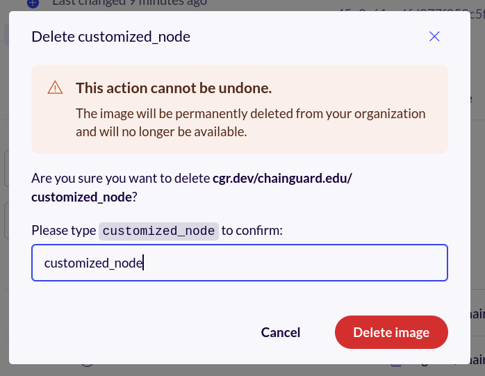 Screenshot of the image deletion window for the customized_node container image. It shows a warning reading 'This action cannot be undone. The image will be permanently deleted from your organization and will no longer be available.' The name of the image ('customized_node') has been entered into the prompt.