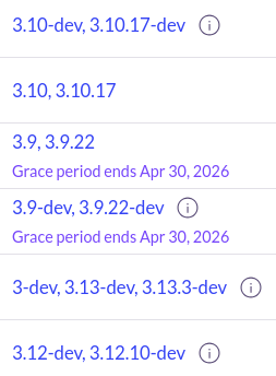 Screenshot of a portion of an image's 'Versions' tab, showing the Grace Period end dates for several versions of the image.